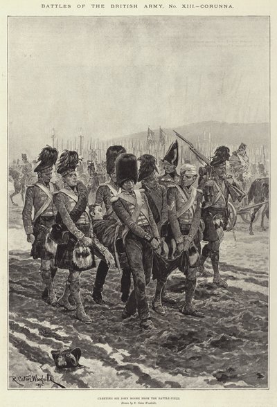 バトルフィールドからジョンムーア卿を乗せた英軍コルナの戦い 作： Richard Caton Woodville junior